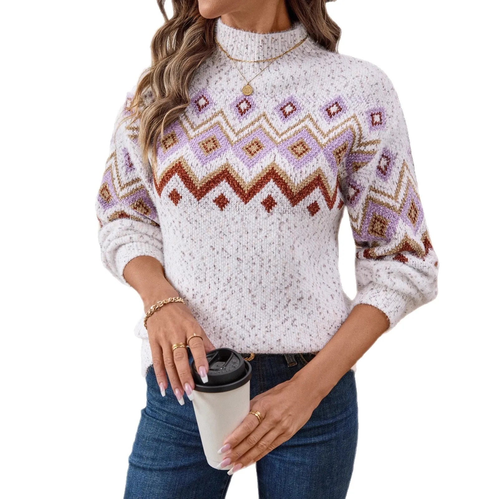 White women's loose sweater with geometric jacquard pattern and half turtleneck collar.