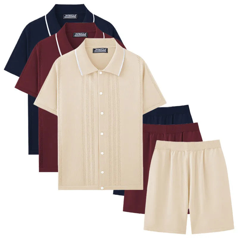 Men's Tencel fabric business casual two-piece set with short sleeve sweater and matching shorts