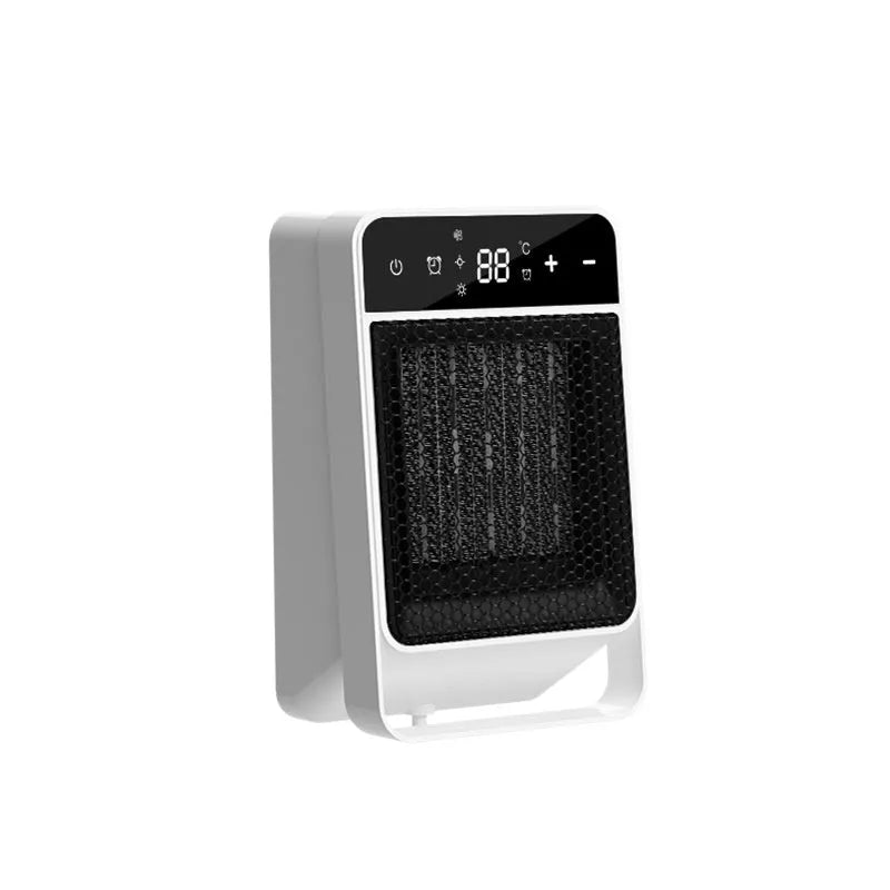 Desktop touch screen warm air blower heater with digital display and remote control on office desk