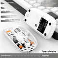 Transparent wireless computer mouse showing internal components with compact plastic design