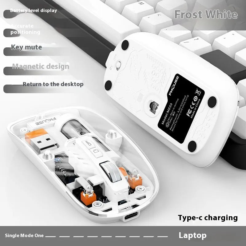 Transparent wireless computer mouse showing internal components with compact plastic design