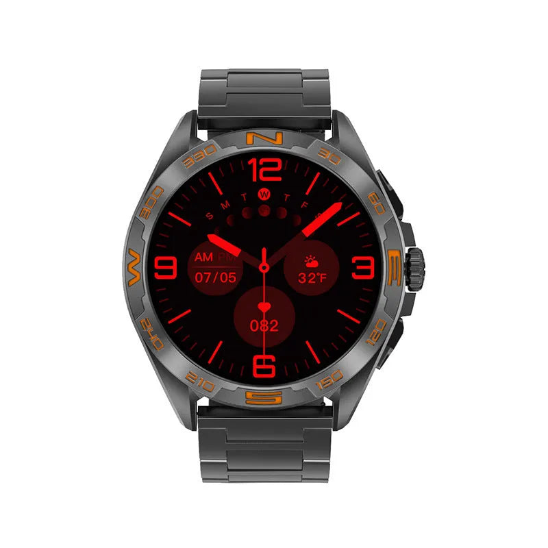 Smart watch for men showing health stats on display, in black steel finish on a wrist.