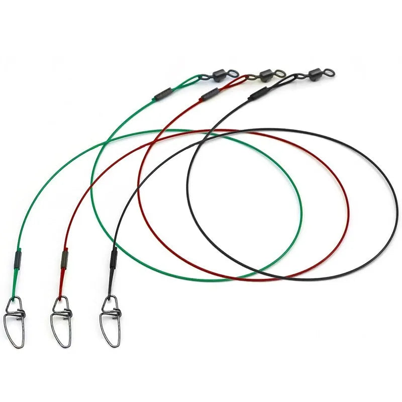 Set of 10 steel wire double buckle fishing pins showing green, black, and red colour options