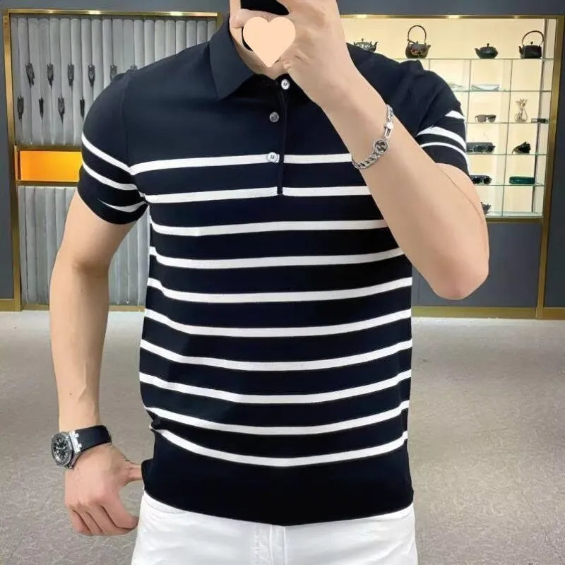 Striped lapel knitted t-shirt in black and white colour options showing pullover design