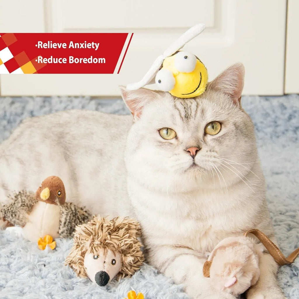 Yellow bee-shaped flannelette cat toy with motion-activated electronic squeak.