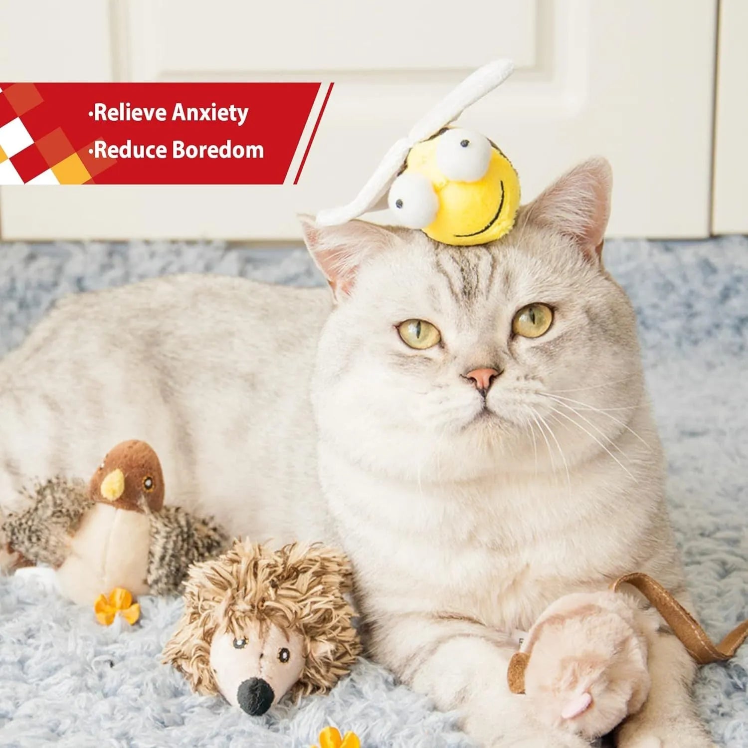 Yellow bee-shaped flannelette cat toy with motion-activated electronic squeak.