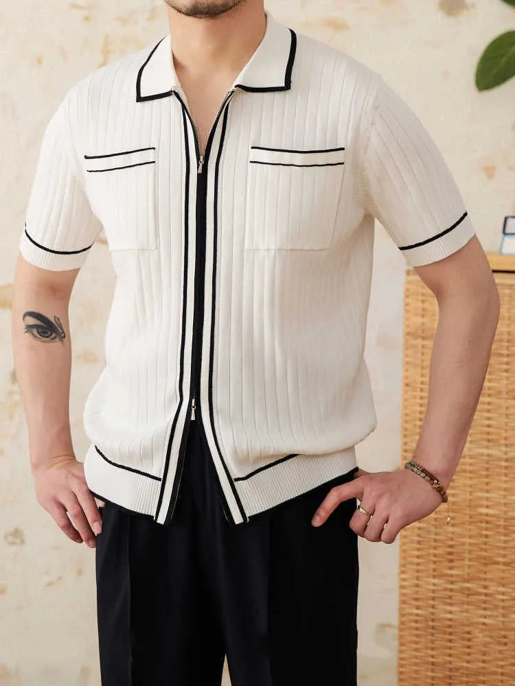 Slim-fit black lapel polo shirt with short sleeves on a hanger, showing elastic knitted texture.
