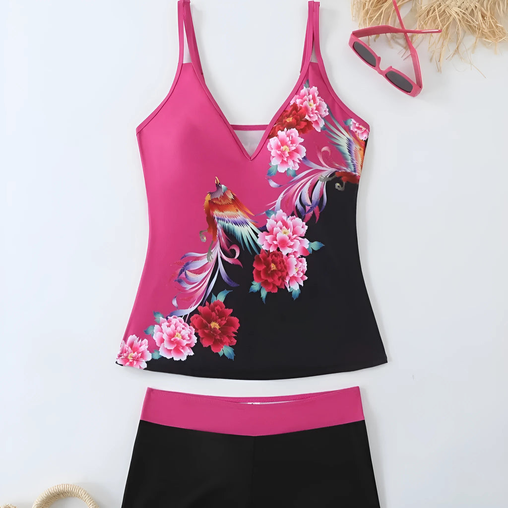 Women's plus size swimsuit briefs with printed split design and cotton lining