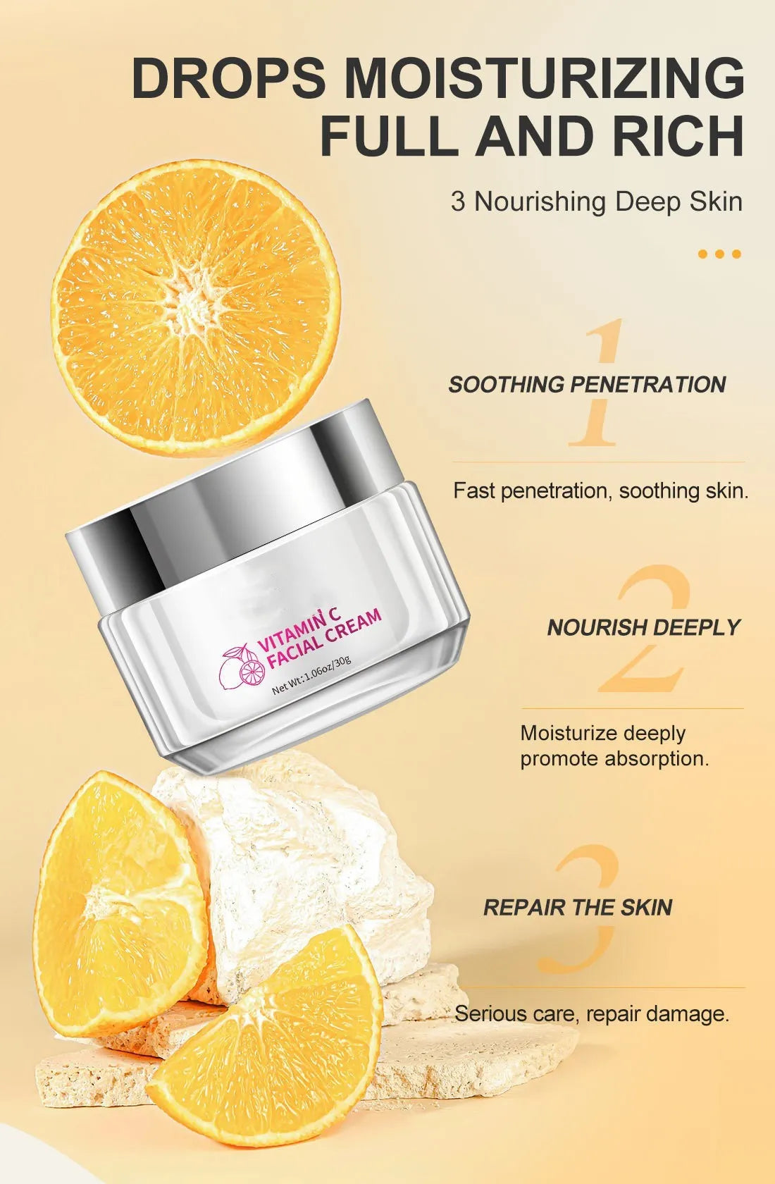 30g Vitamin C Face Cream jar with universal skin type labelling, showing compact 6 cm size.