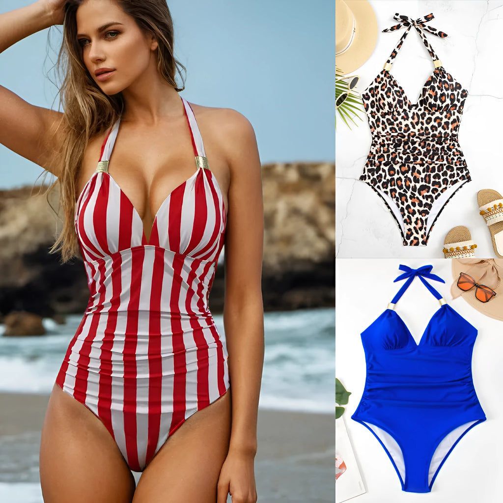 Women's quick-drying one-piece swimsuit in polyester spandex fabric showing pattern options