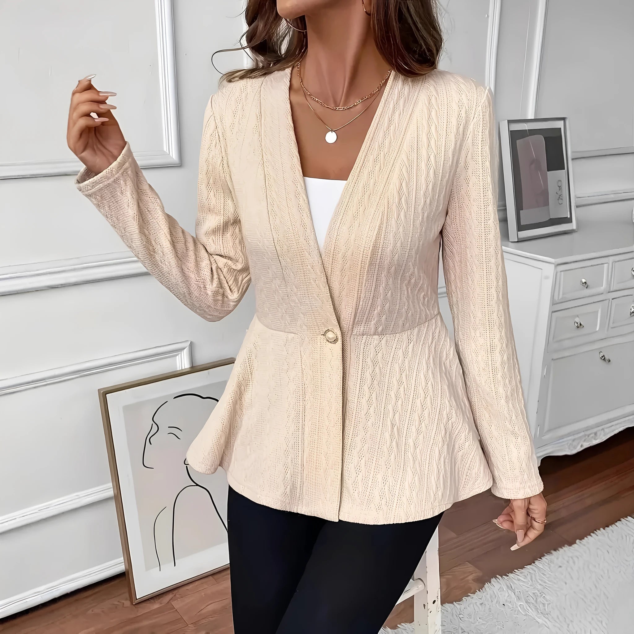 Women's apricot jacquard knitted cardigan with one button front closure