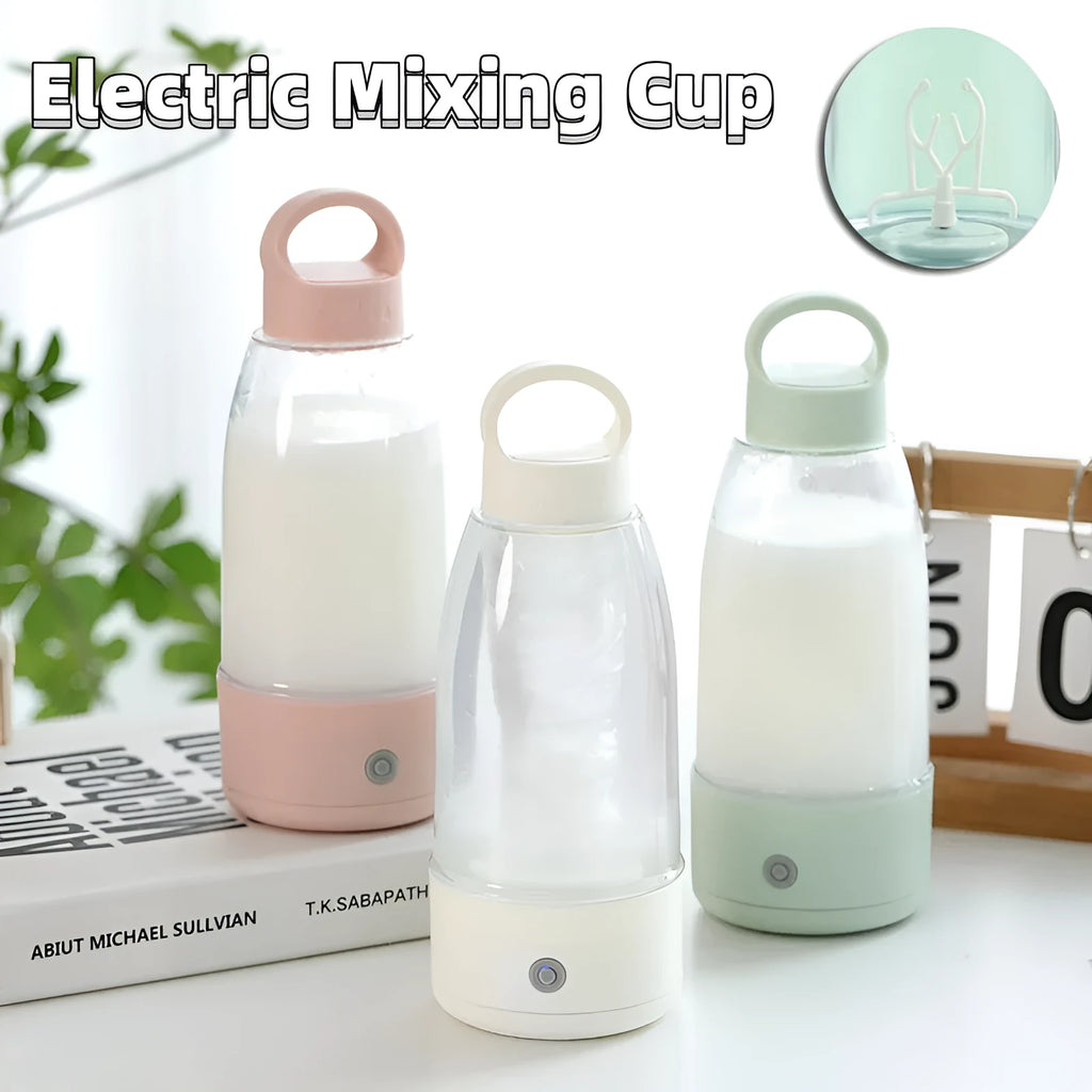 Automatic electric shaker bottle with USB charging, 350ml capacity, in cream white colour on a background