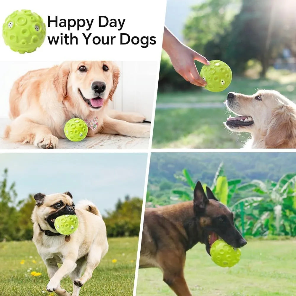 Colourful rubber dog chew ball with textured surface and squeaky sound mechanism