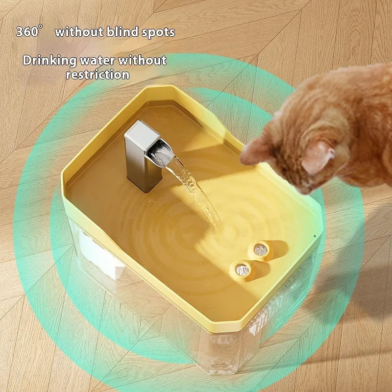 Matt grey cat water fountain with active oxygen pump and white drinking tray on floor