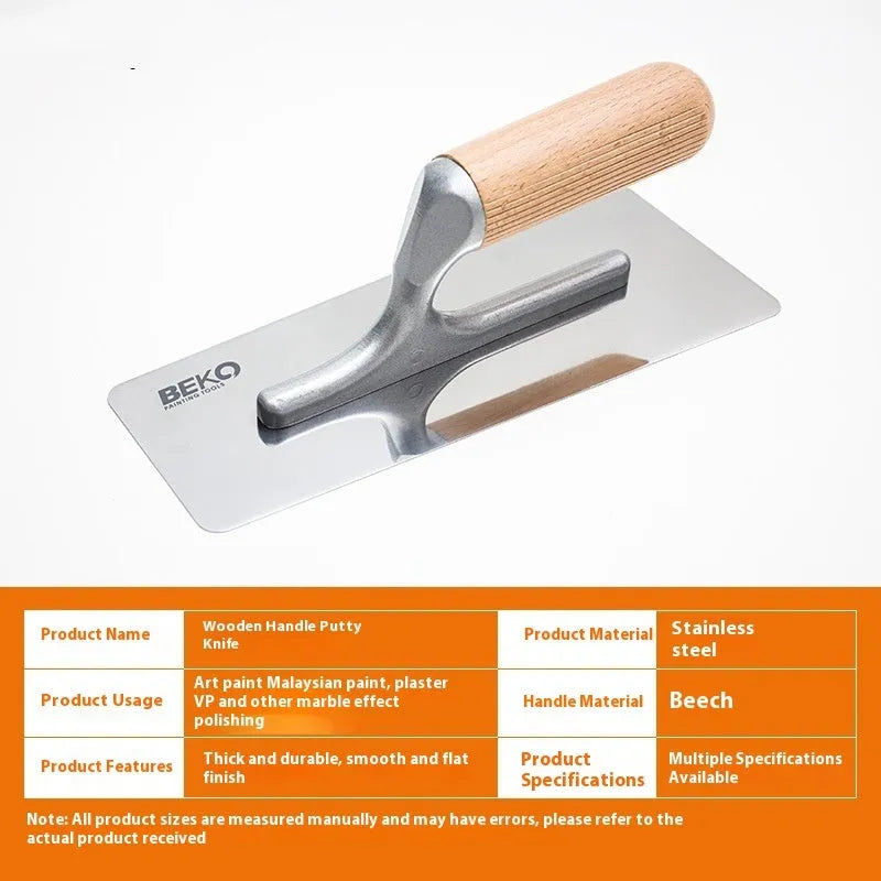 Stainless steel putty scraper with wooden handle for floor and wall preparation work