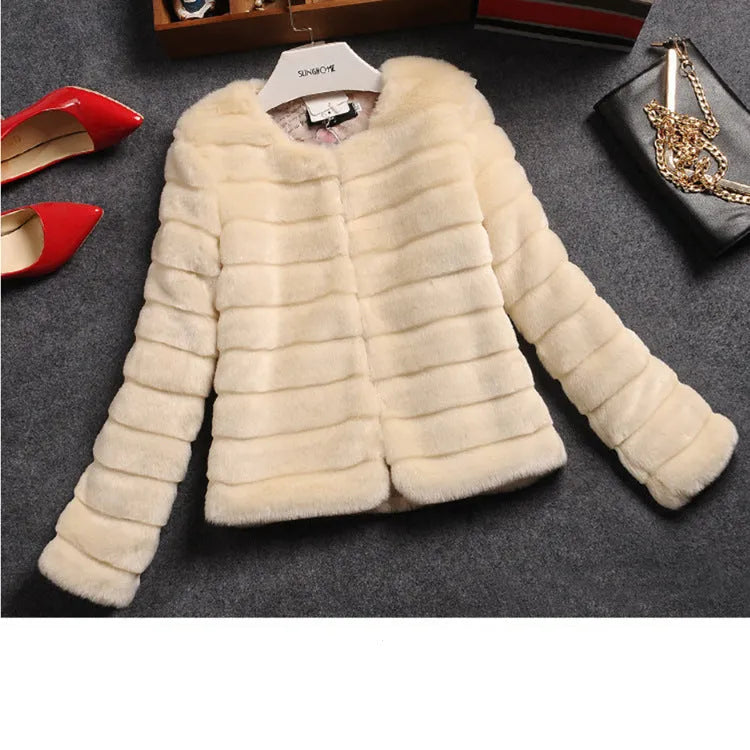 Women's short sleeved faux fur top in beige, shown on a model, with a street fashion style.
