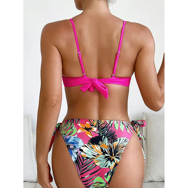 Women's braid rope bikini swimsuit in rose red, two-piece, on white background