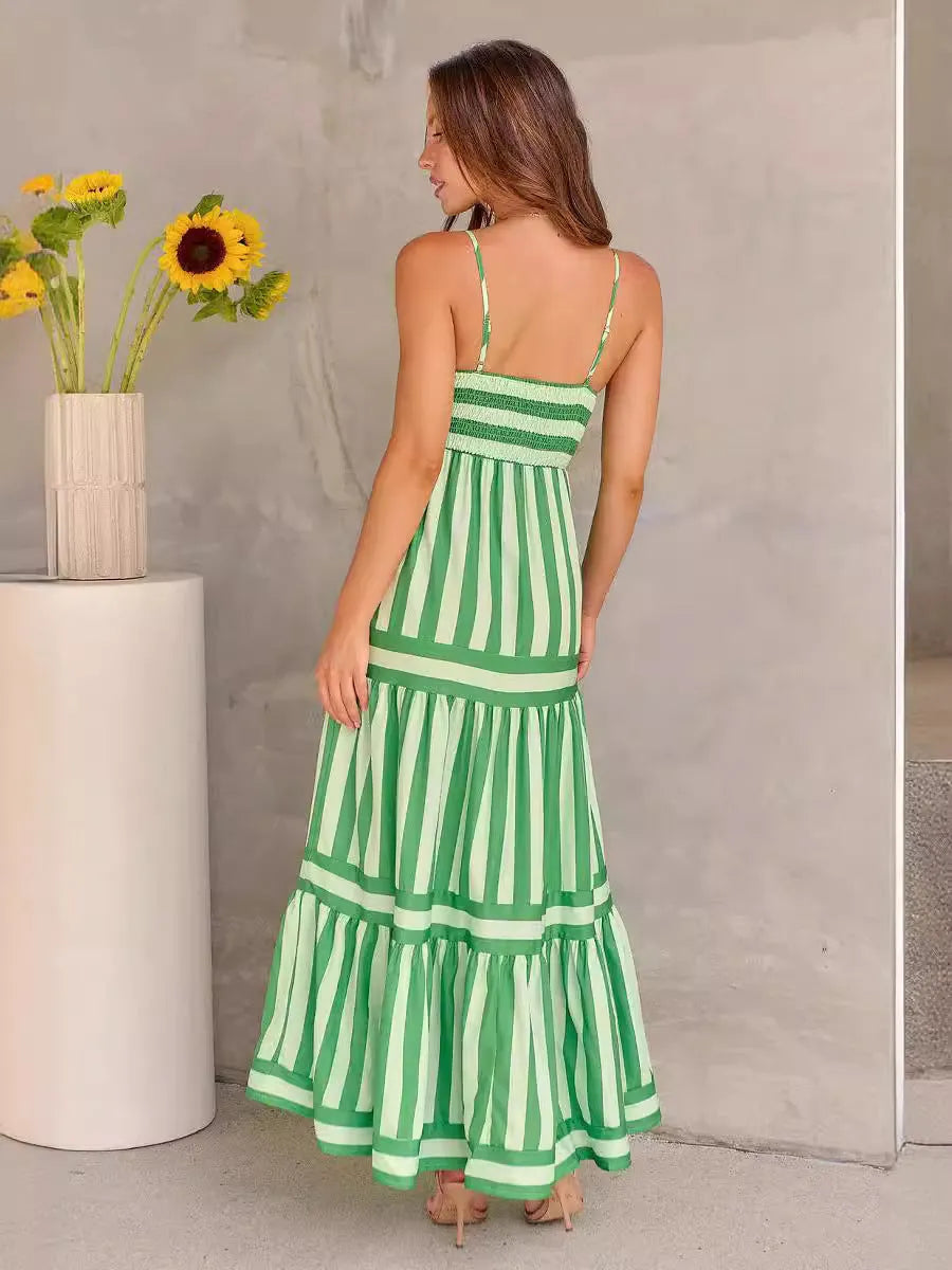 Women's striped summer dress with backless square neck, suspender straps, and side pockets