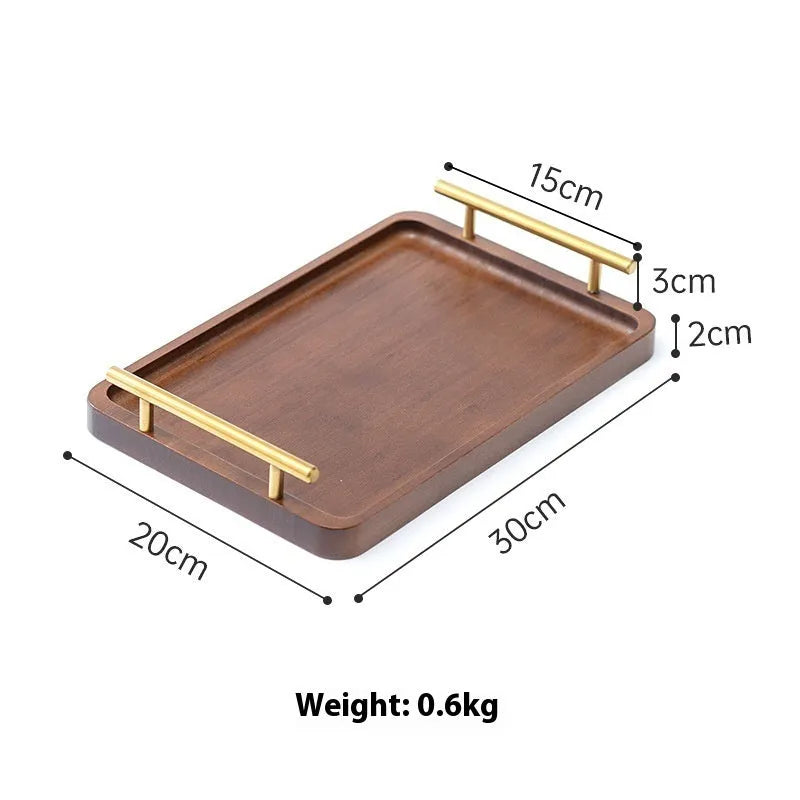 Square bamboo serving tray with brown handles in pastoral design