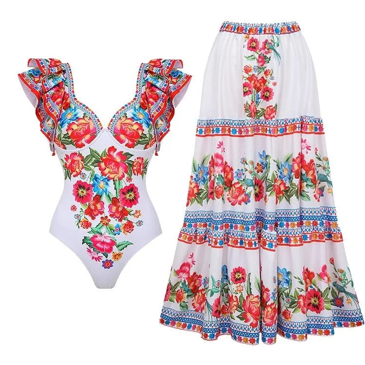 Women's printed one-piece polyester swimsuit available in multiple colours and sizes S to XL
