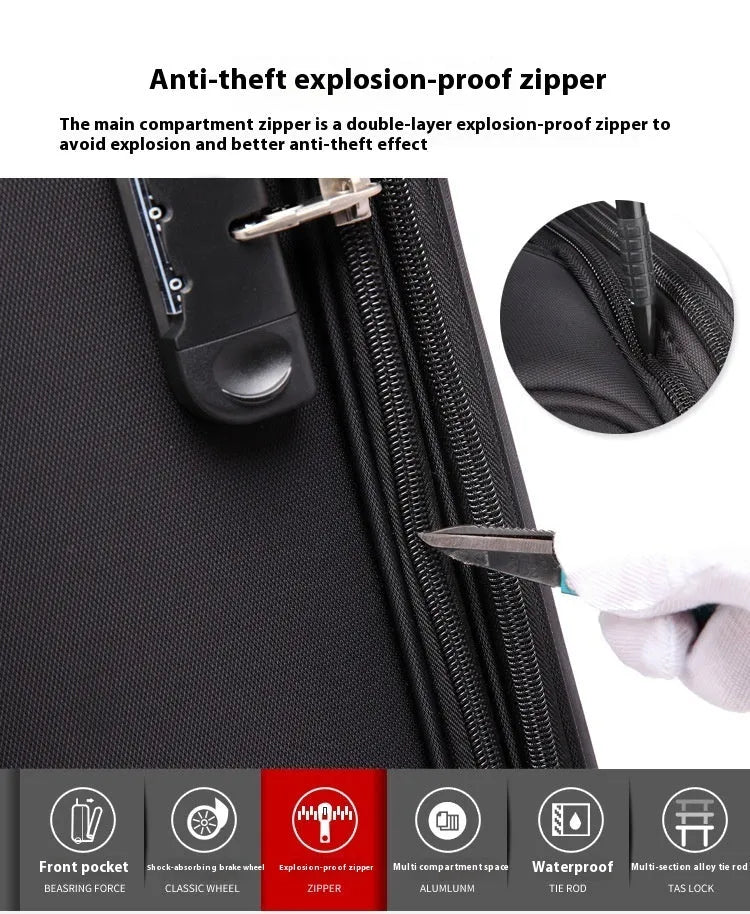 Black 18-inch Oxford cloth business suitcase with telescopic handle and universal wheels.