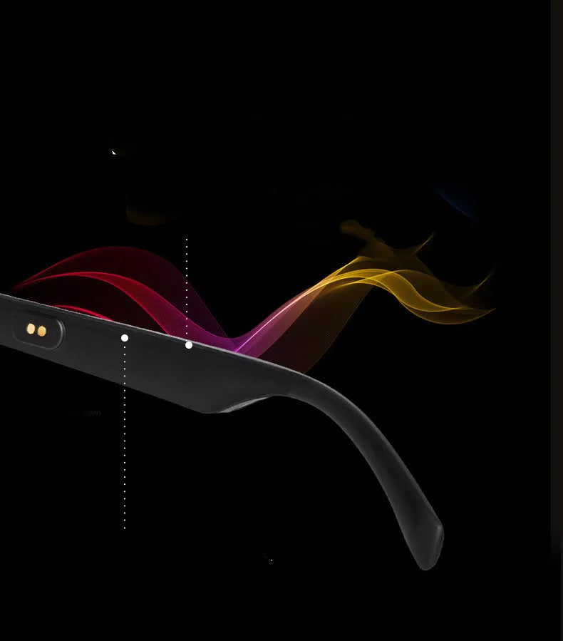 Smart glasses with tinted lenses and open-ear Bluetooth speakers on the temples.