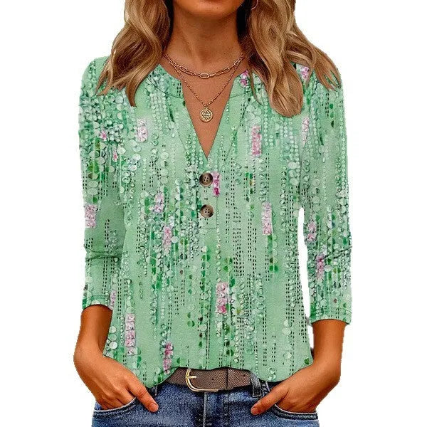 Women's printed V-neck casual top with 3D pattern in loose Japanese Korean style