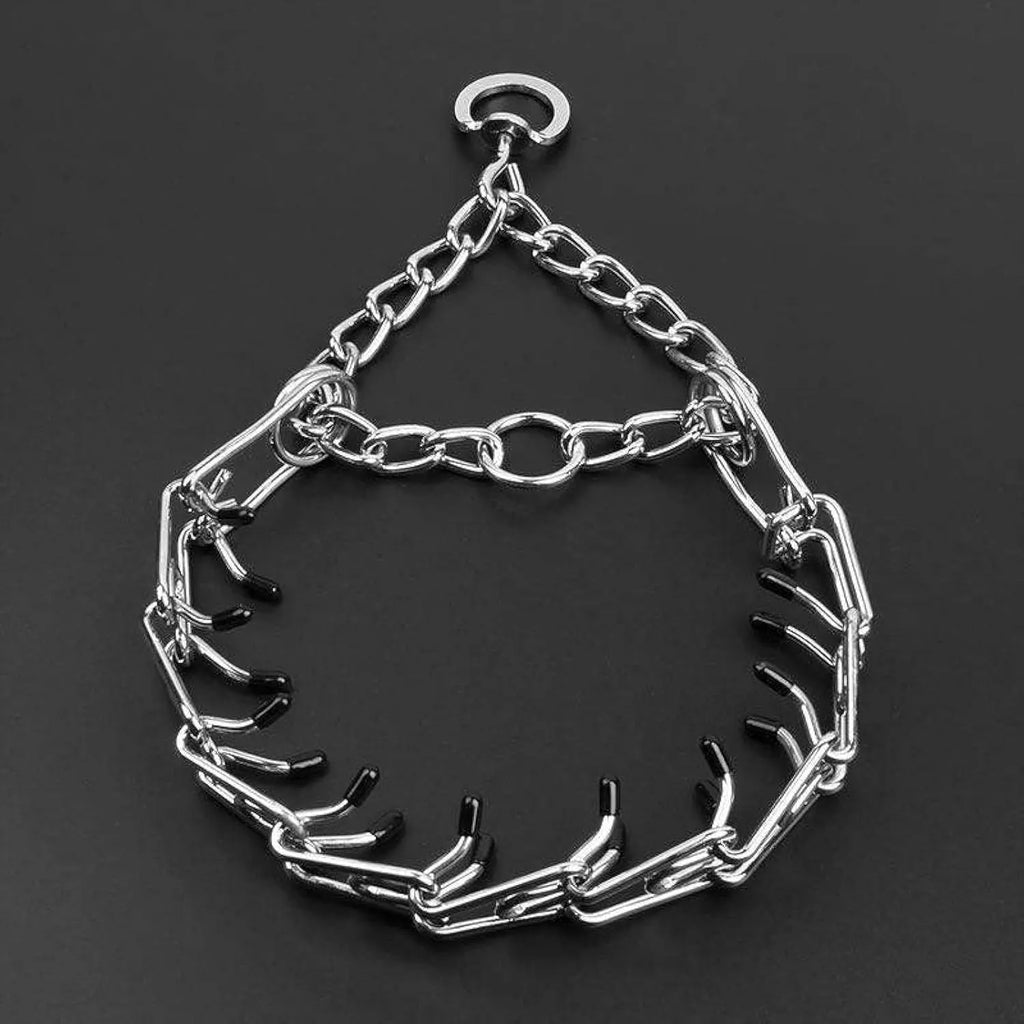 Stainless steel dog training pinch collar with adjustable links and black rubber tips on the prongs.