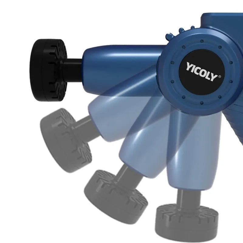 Black smart muscle massage gun with heat and cold therapy settings and five attachable heads