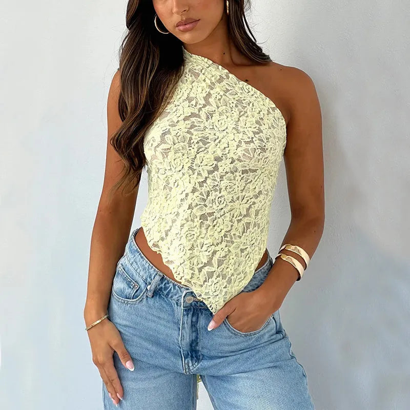 Women's sleeveless lace backless vest with asymmetrical neckline in solid colour.