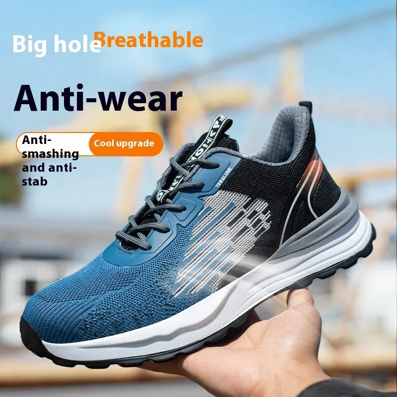 Blue men's lightweight safety work shoes with Flyknit mesh upper and non-slip PU sole