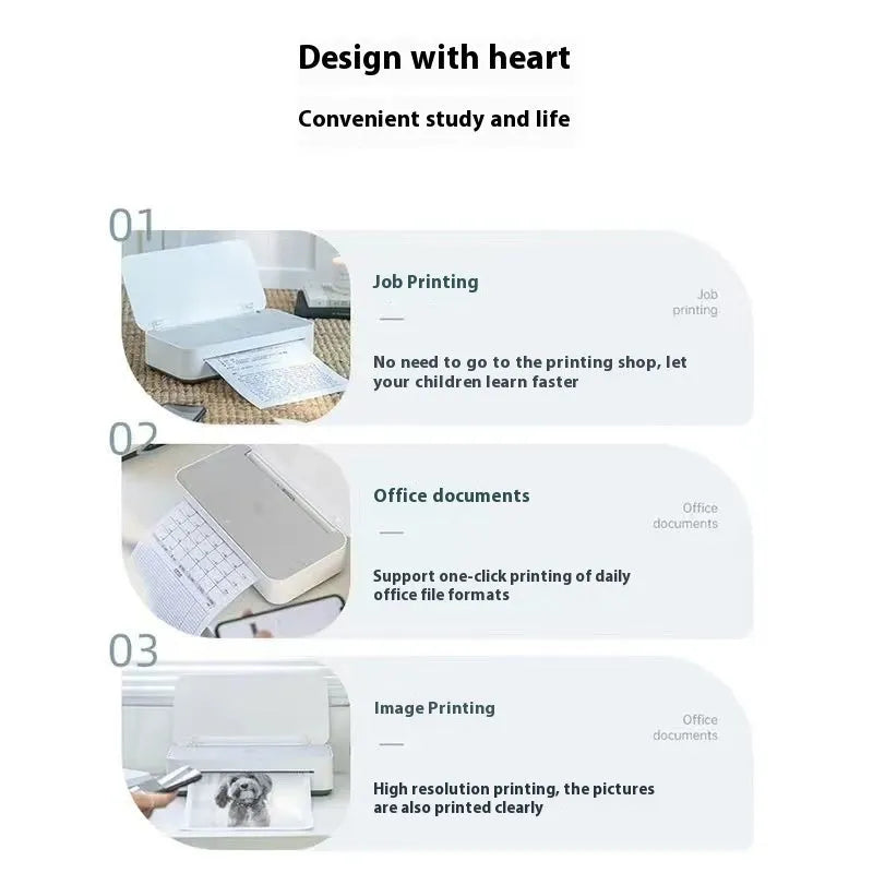 Small white plastic intelligent remote learning printer with a ribbon cartridge on a home desk.