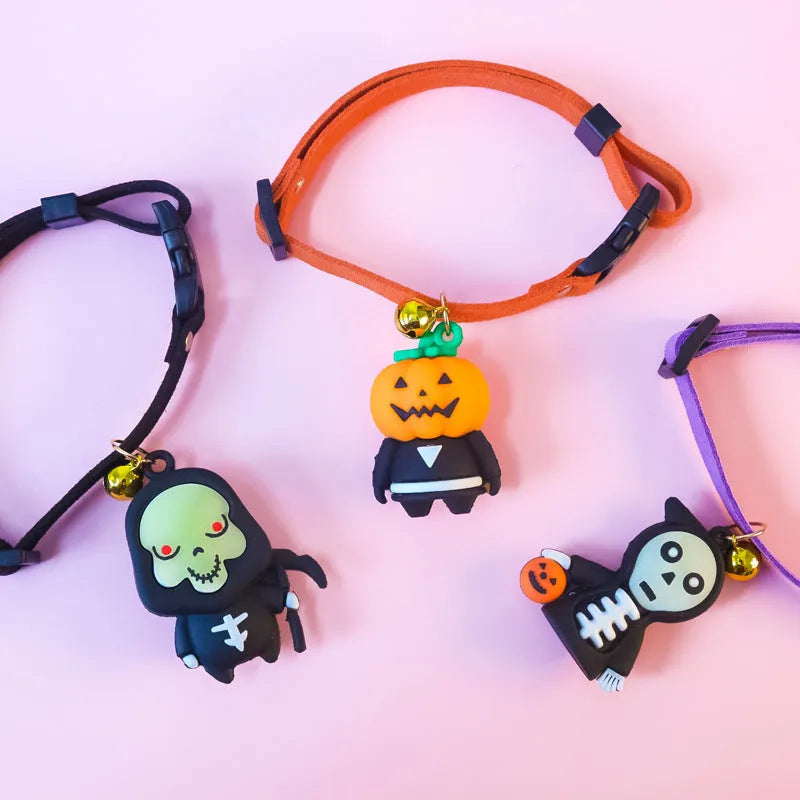 Halloween pet collar decoration showing pumpkin man, luminous brat, and luminous skull designs with sizing options