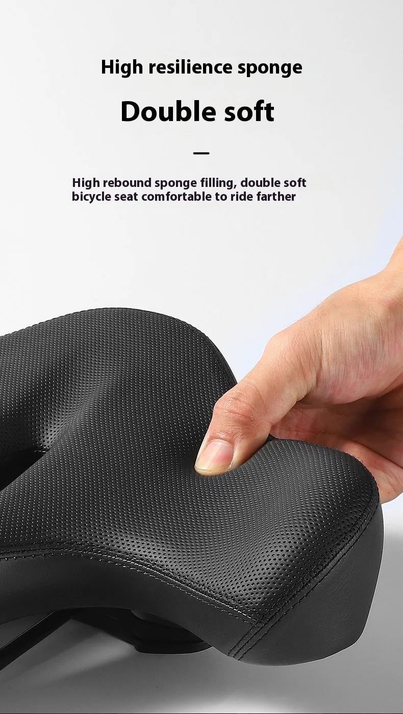 Black bicycle seat cushion with leather exterior and foam padding for shock absorption