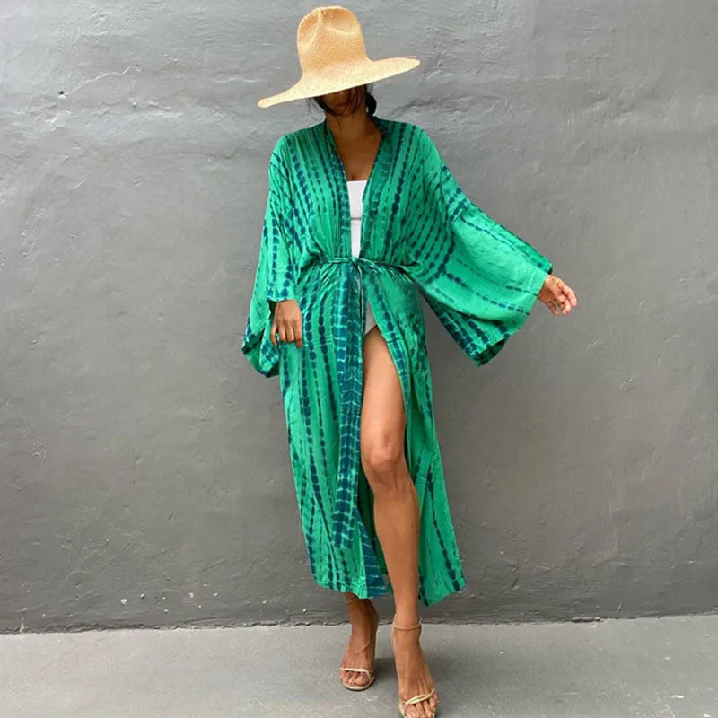 Printed loose cotton beach cover-up shirt for sun protection in average size
