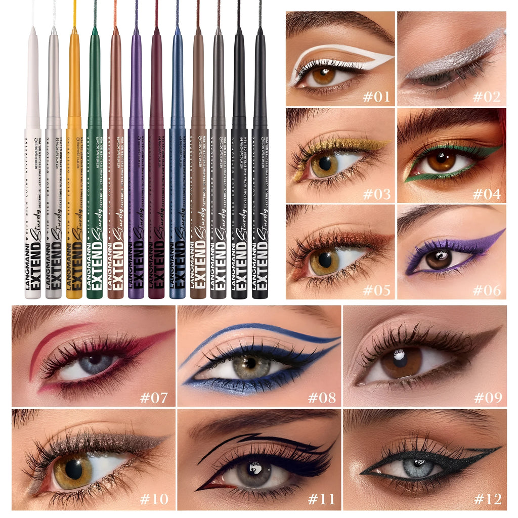 12 colourful gel glitter eyeliner pencils in waterproof formula with matte and glitter shades