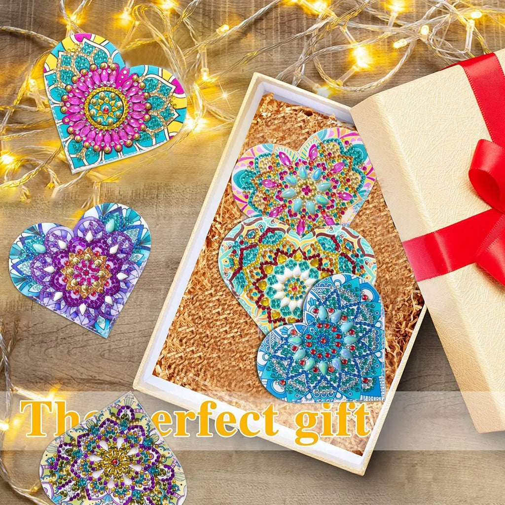 Six PU leather handmade bookmarks with stick-on crystals and floral cornerite decorations