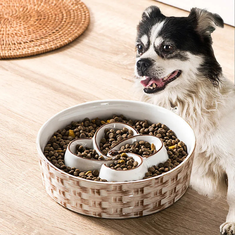 Ceramic slow feeder dog bowl for medium large dogs in blue non-slip anti-choking design