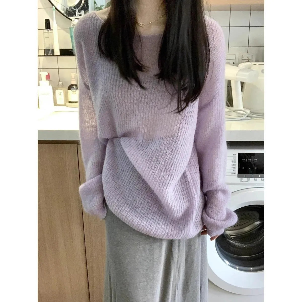 Purple women's blouse with hollow out detailing and princess sleeves made from lightweight ice silk fabric