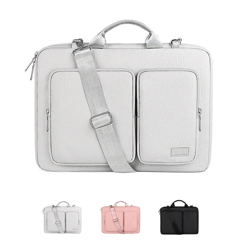 Shock proof polyester shoulder laptop bag in black with retractable handle and zipper opening