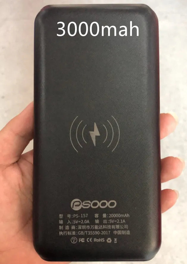 Qi wireless solar power bank with 3 USB outputs and LED flashlight in black plastic shell