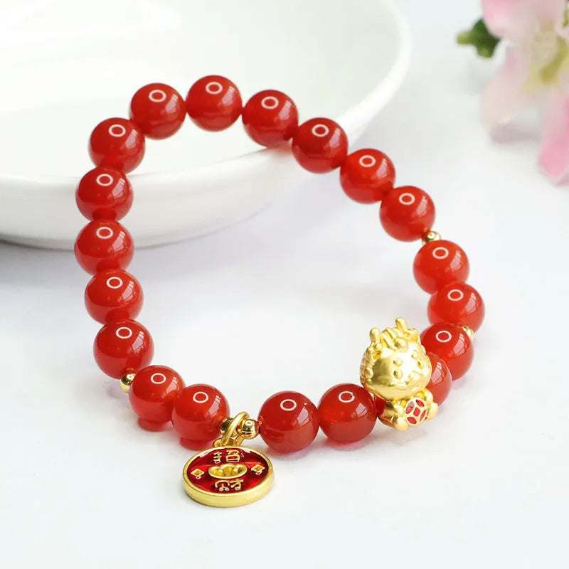 Red agate zodiac dragon bracelet with 8mm natural stone beads on white background