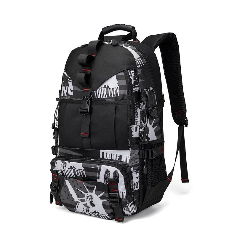 Men's large waterproof hiking backpack in Oxford cloth with multiple colour options including camouflage.