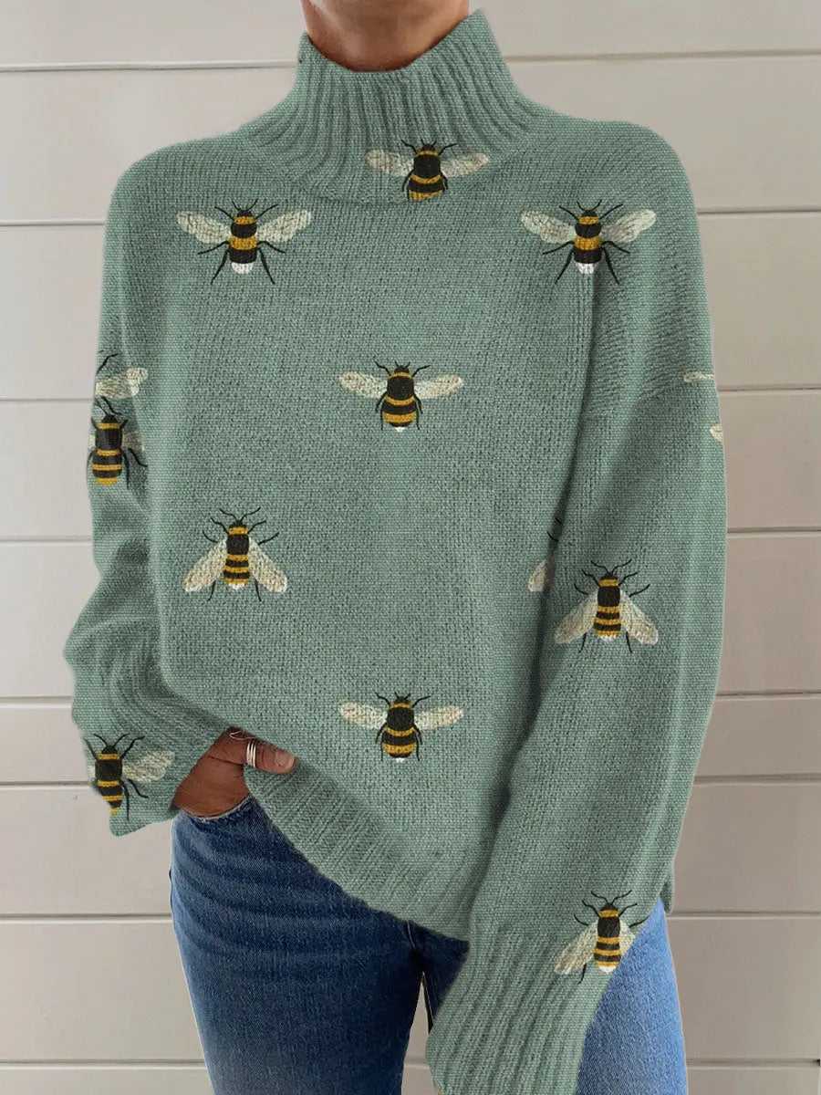 Women's loose fit Christmas printed turtleneck sweater in polyester fabric with painting pattern