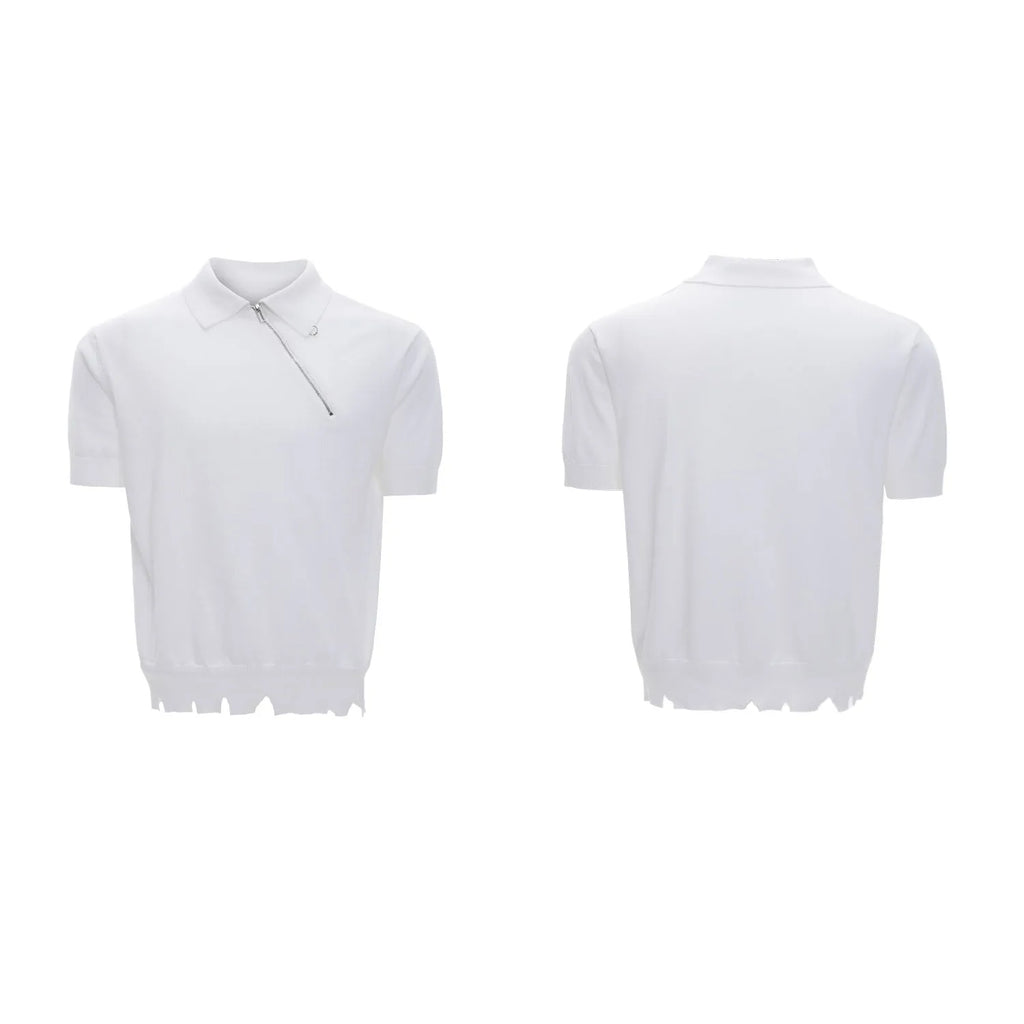 Men's black slim-fit knitted polo shirt with an oblique diagonal zipper and short sleeves.