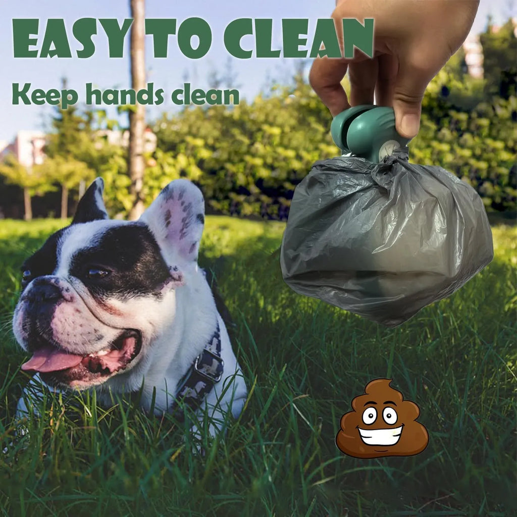 Blue handheld dog poop scooper with expandable container and integrated bag dispenser, shown with a carabiner clip.