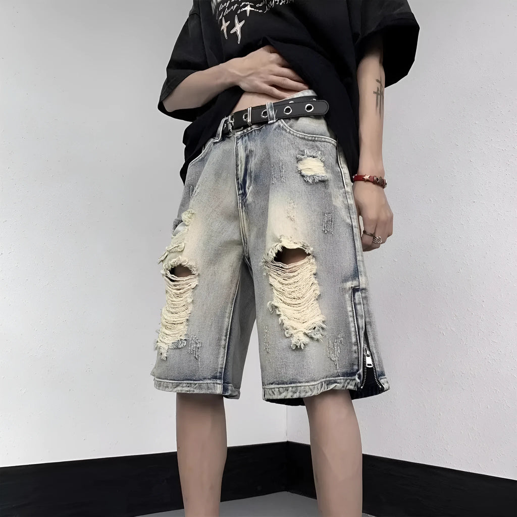 Blue retro tattered denim shorts with wide-leg loose fit for women, side view