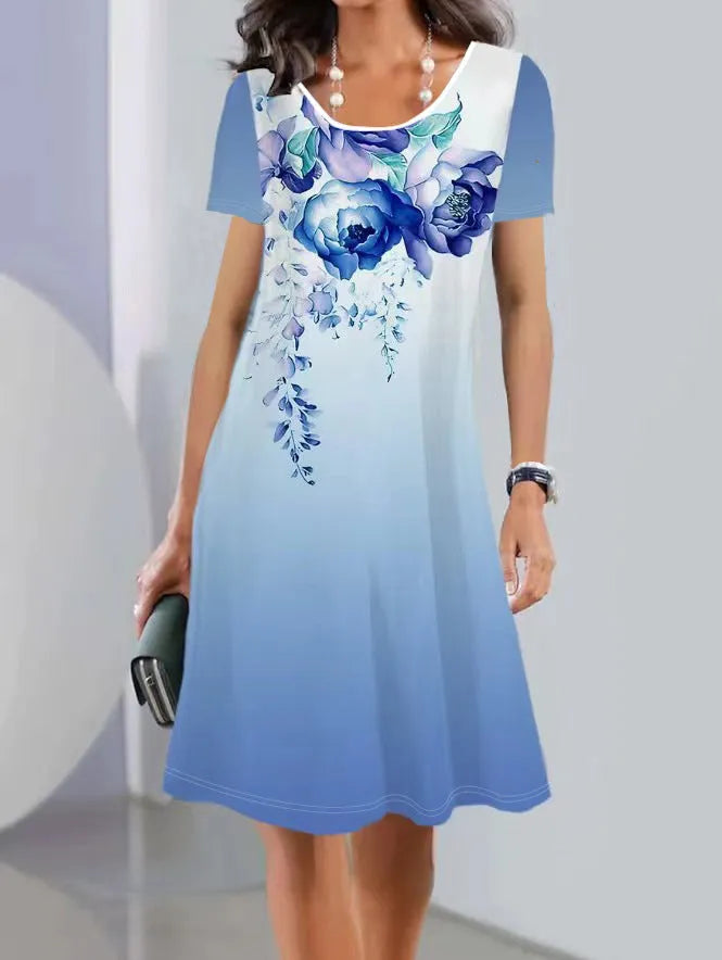 Women's light blue Ice Silk A-line midi dress with painted floral and leaf patterns, short sleeves, and a round neck.