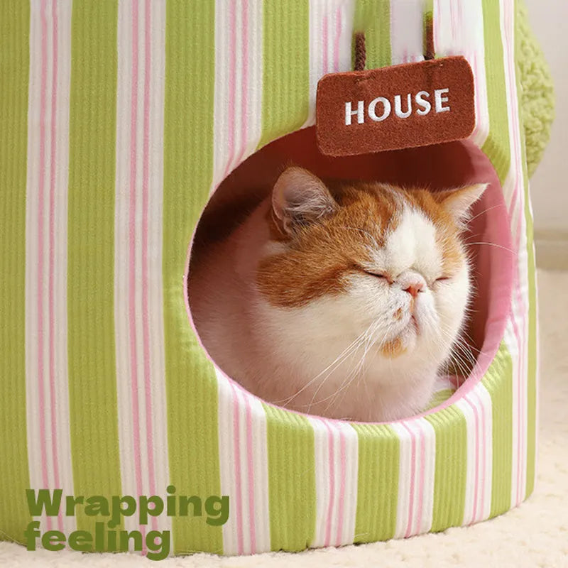 Creative cauliflower tree hole enclosed pet bed in plush material for cats and small dogs, green colour