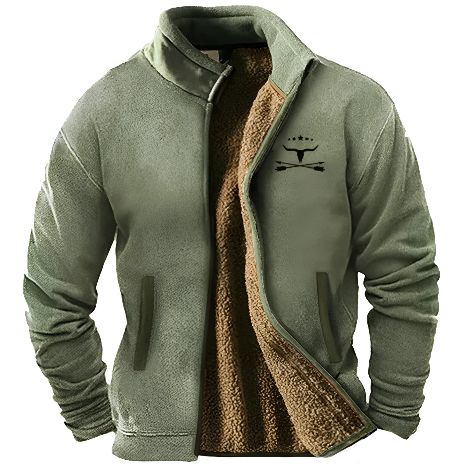 Men's green padded polyester coat with regular length and fleece lining on size chart